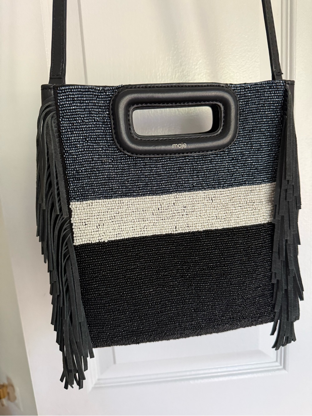 Maje Beaded Fringe M Bag Crossbody Navy Ivory Black Sheep Leather Cutout Handle - Picture 6 of 10